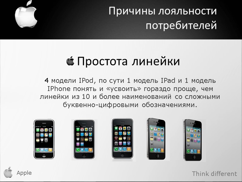 Apple Причины лояльности потребителей  Простота линейки 4 модели IPod, по сути 1 модель